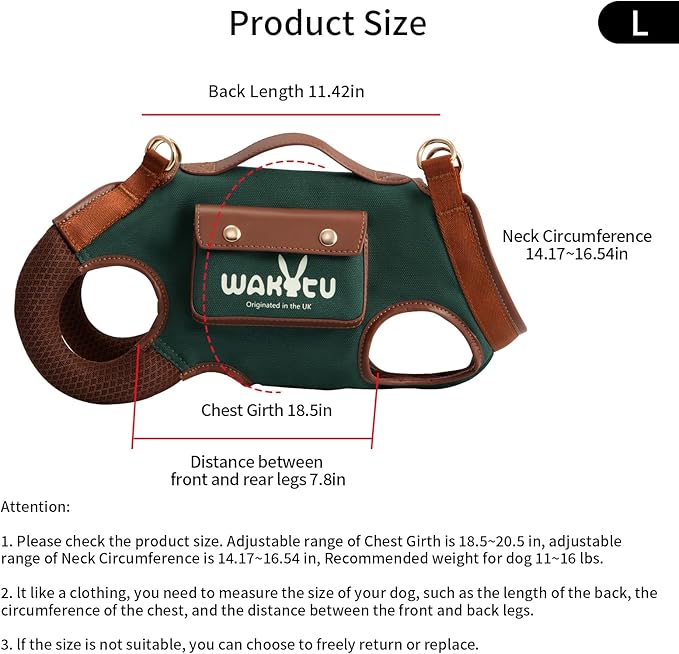 Dog Lift Harness Dog Carrier Dog VES Harness Adjustable Dog Leash with Small Puppy Treat Bag（Green,L）