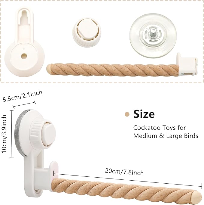 Suction Cup Bird Perch,Natural Wood Parrot Window/Bath/Car/Travel/Shower Perches Stand Portable Parakeet Grinding Stick Training Toys for Small and Medium Birds(Twist Grain)