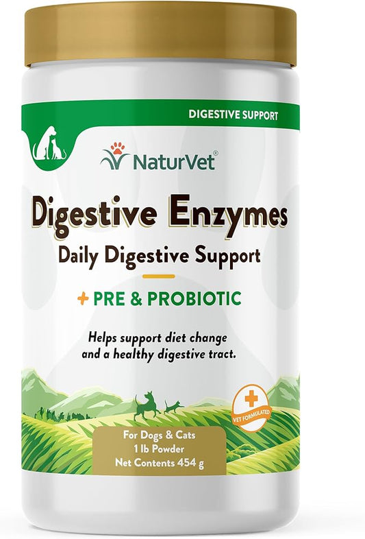 NaturVet  Digestive Enzymes - Plus Probiotics & Prebiotics  Helps Support Diet Change & A Healthy Digestive Tract  for Dogs & Cats  1 lb Powder