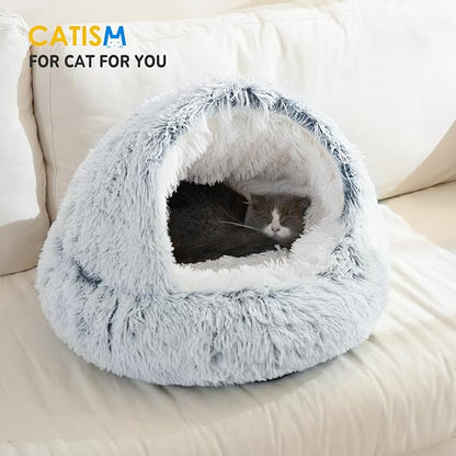 CATISM Cozy Plush Hooded Cat Bed, Indoor/Outdoor, Self-Warming Cave, Removable Washable Non-Slip Bottom