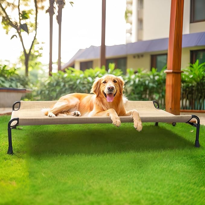Veehoo Cooling Elevated Dog Bed, Raised Dog Beds for Large Dogs, Outdoor Dog Bed with Guardrail, Upgraded Non-Slip Feet, Breathable Teslin Mesh, Portable Camping Dog Cot, X-Large, Beige Coffee CWC2404