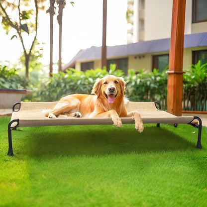 Veehoo Cooling Elevated Dog Bed, Raised Dog Beds for Large Dogs, Outdoor Dog Bed with Guardrail, Upgraded Non-Slip Feet, Breathable Teslin Mesh, Portable Camping Dog Cot, X-Large, Beige Coffee CWC2404