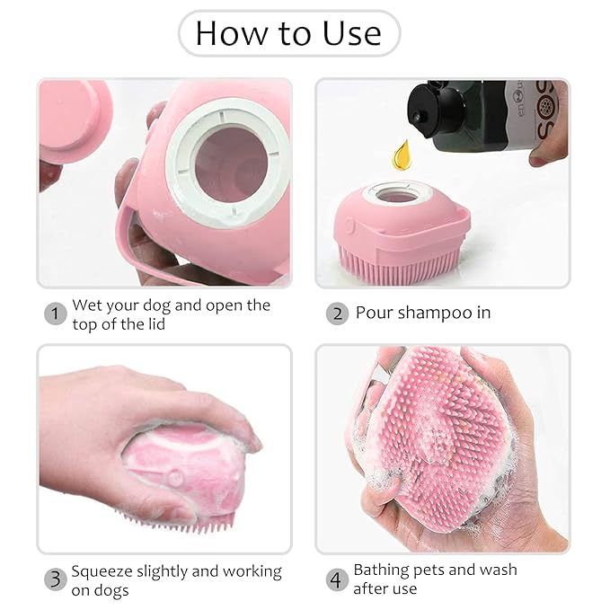 ELEGX Pet Grooming Bath Massage Brush with Soap and Shampoo Dispenser Soft Silicone Bristle for Long Short Haired Dogs Cats Shower (2 Massage Brush + Pink)