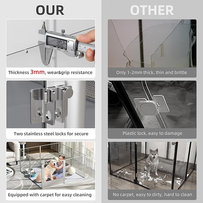 Dog Clear Playpen Fence Kennel: 32” Extra Tall Indoor Pet Birthing Cage Whelping Box with Waterproof Fertility Pad - 52”x52” Extra Large Dogs Exercise Crate Pen Made by Acrylic and Aluminum Frame