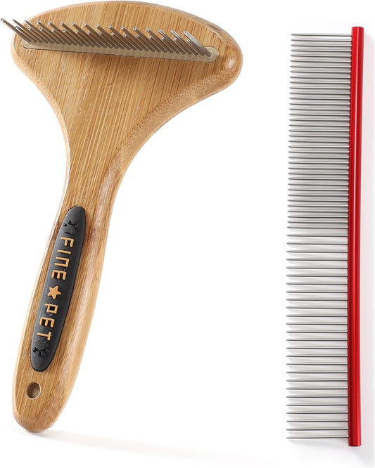 Dog Rake for Undercoat & Stainless Steel Shedding Comb for Long Hair Dogs and Cats 2 Pack Pet Grooming Kit of Deshedding Brush and Metal Comb for Detangling Matted Fur on Cats or Dogs