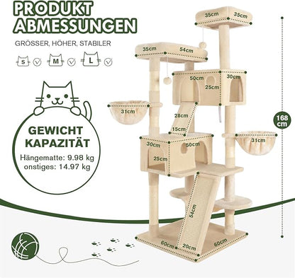 MUTICOR 66 Inches Multi-Level Large Cat Tree Tower for Indoor Big Feline/Cozy Plush Perches/Condo/Sisal Scratching Posts/Hammock and Baskets/Activity Center Play House/Wide Base/Beige