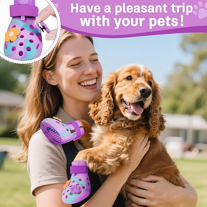 Dog Shoes for Hot Pavement, Adjustable Magic Tape Boots for Small, Medium & Large Dogs, Anti-Slip, Easy to Clean Paw Protectors for Beach, Outdoor & Hot Weather (Purple S)