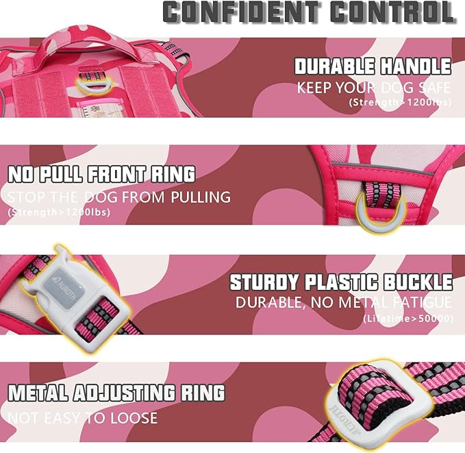 Auroth Tactical Dog Harness for Small Medium Large Dogs No Pull Adjustable Pet Harness Reflective K9 Working Training Easy Control Pet Vest Military Service Dog Harnesses Extra Large, Pink Camo