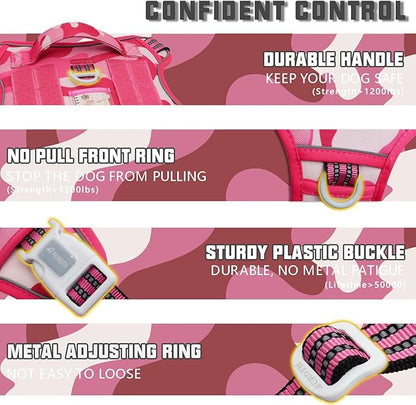 Auroth Tactical Dog Harness for Small Medium Large Dogs No Pull Adjustable Pet Harness Reflective K9 Working Training Easy Control Pet Vest Military Service Dog Harnesses Extra Large, Pink Camo