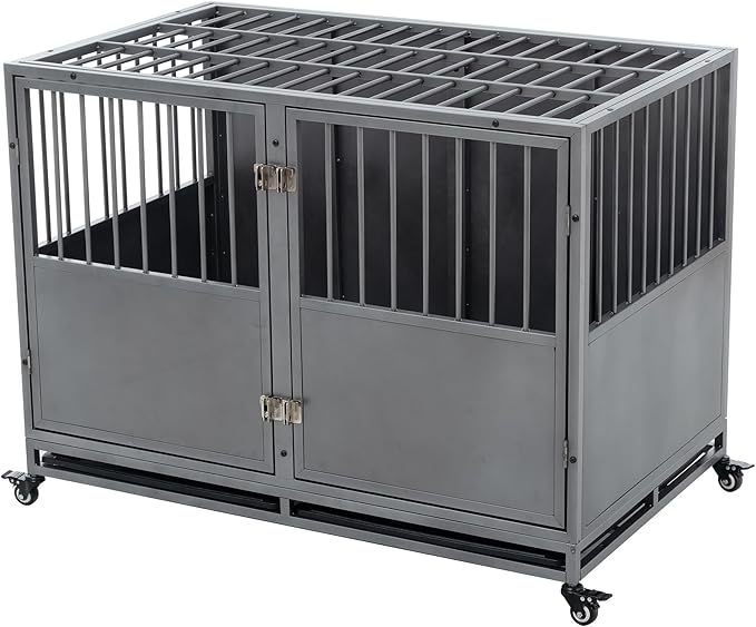 48 Inch Heavy-Duty Dog Crate with Double Door Wheels Carbon Steel Escape Dog Cage for Small Medium Large Dogs Silver One Size