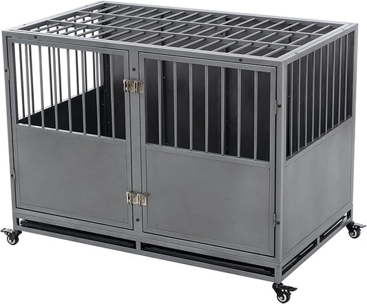 48 Inch Heavy-Duty Dog Crate with Double Door Wheels Carbon Steel Escape Dog Cage for Small Medium Large Dogs Silver One Size