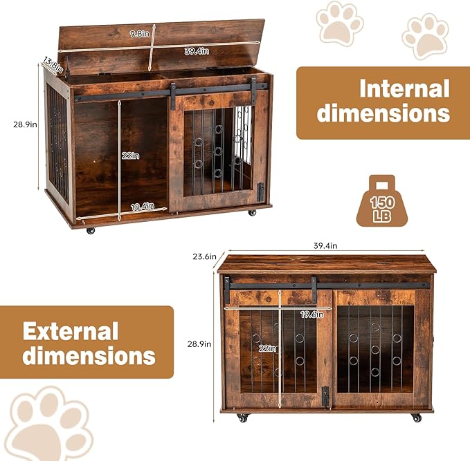 2 Rooms Dog Crate Furniture with Movable Divider,39" Wooden Dog Crate Table,Wooden Dog Kennel Pet House Cage,Flip Top 39.37_x25.2_x28.94_