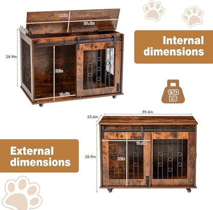 2 Rooms Dog Crate Furniture with Movable Divider,39" Wooden Dog Crate Table,Wooden Dog Kennel Pet House Cage,Flip Top 39.37_x25.2_x28.94_