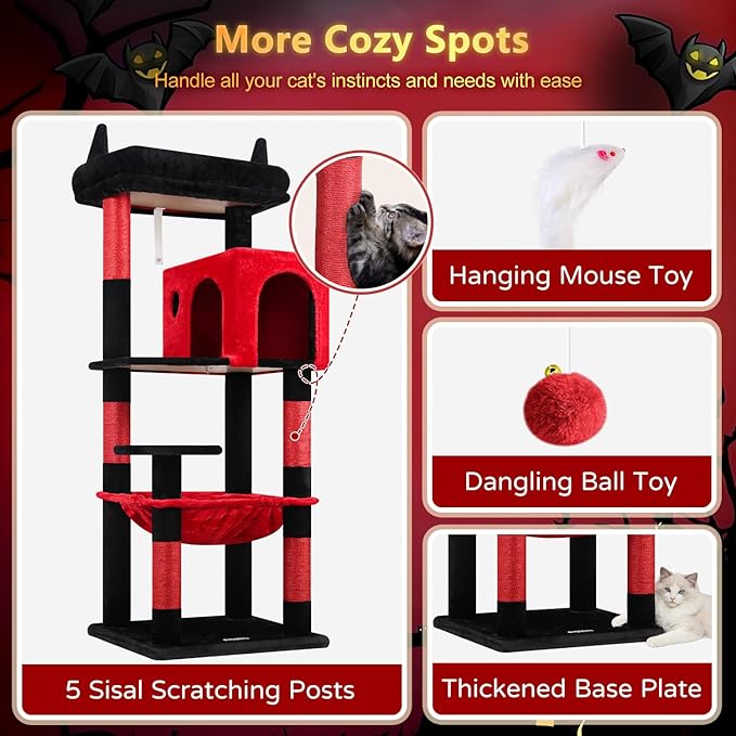 Globlazer Gothic Cat Tree Tower with Scratching Post for Indoor Cats, 53inch Tall Plush Multi-Level Cat Climbing Tower Condo with Large Hammock, Spacious Cat Cave, Padded Top Perch, F53, Red Black
