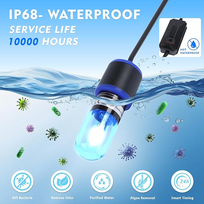 UV-C Aquarium Clean Light with Timer, Mini 3W 5W 7W 9W 11W Submersible Algae Clean Light Water Green Clean Fish Tank Water Clean Lamp for Sump Pond Filter Tank (3W Timer)