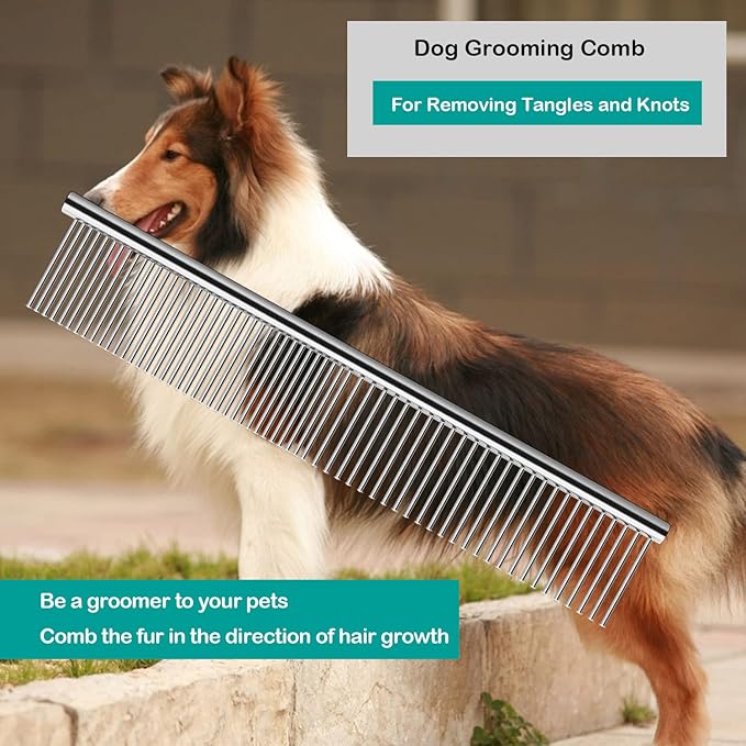 3 Pack Dog Combs for Grooming Matting, Metal Cat Comb with Round Ends, Stainless Steel Pet Grooming Comb for Removing Tangles and Knots for Long and Short Haired Dog (7.4 inches)