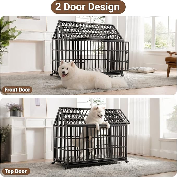 Heavy Duty Dog Crate, Escape Proof Dog Cage for Large Extra Large Dogs, 52 Inch, Dog Kennel Indoor with Lockable Wheels, Indestructible Dog Crates with Removable Trays, High Anxiety