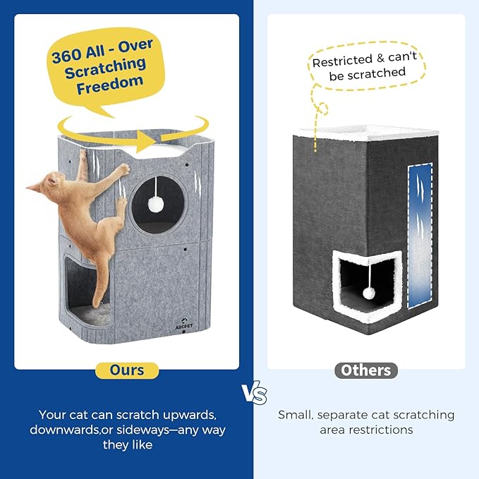 Cat House for Indoor Cats Large Cat Bed Cave 2-Storey Cats Condo with Cozy Felt Covered Hideaway for Multiple Pets Grey