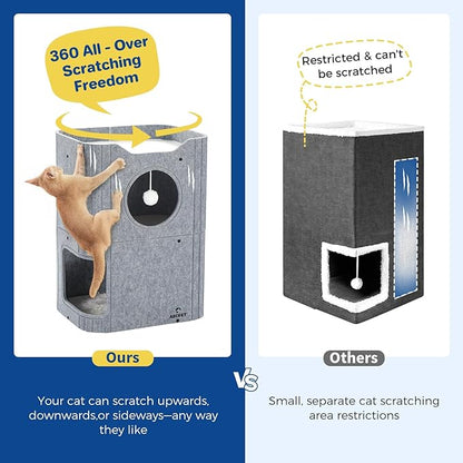 Cat House for Indoor Cats Large Cat Bed Cave 2-Storey Cats Condo with Cozy Felt Covered Hideaway for Multiple Pets Grey