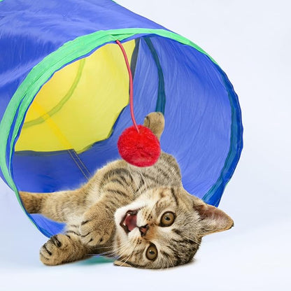 Sheldamy Cat Tunnel, 2-Way Cat Tunnels for Indoor Cats, Collapsible Cat Play Tunnel, Interactive Toy Maze Cat House with 1 Play Ball for Cats, Puppy, Kitty, Kitten, Rabbit (Rainbow)…