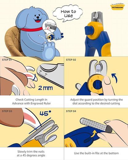 PETHROOM] Professional Dog Nail Clipper with Transparent Guard & Nail File | Adjustable Cutting Length (1-3mm) Sturdy, Durable Stainless Steel Blade | Nail Trimmer for Pets Avoid Overcutting