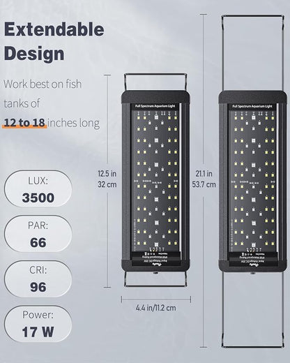 Pawfly 12W 24/7 Aquarium LED Light for 12" to 18" Tanks Extendable Fish Tank Light with Full Spectrum White Blue Red Green Lights with D/N Mode Single Color Effects Timer and Adjustable Brightness