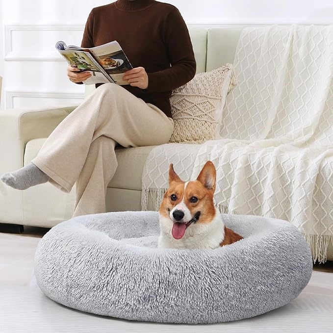 JOLLYVOGUE Dog Beds, Calming Small Dog Bed, Anti-Anxiety Dog Bed for Small Dogs, Fluffy Donut Dog Bed, Cozy Dog Cat Cushion Bed for Small Medium Dogs (24")