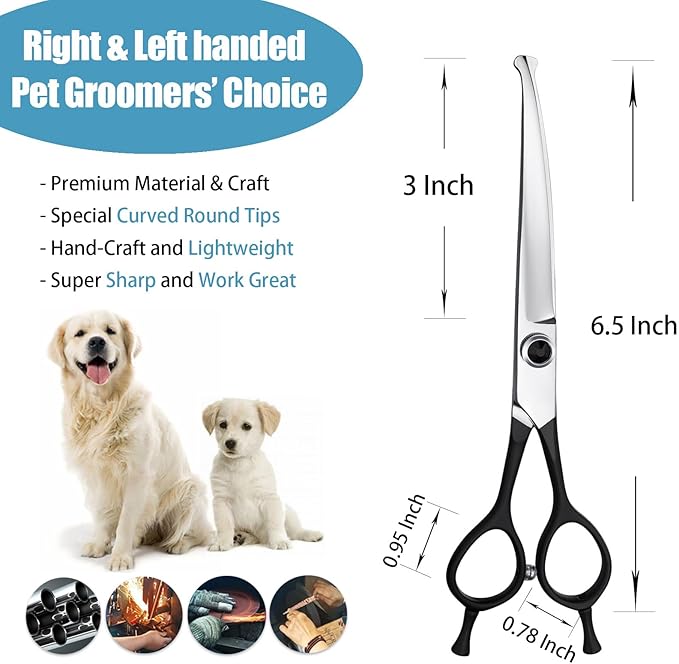 Dragon Creek 6.5" Downward Curved Dog Grooming Scissors Shears for Grooming Face and Paws Safety Round Tips Shears Trimming Cutting Scissors for Dog Cat Pet Black