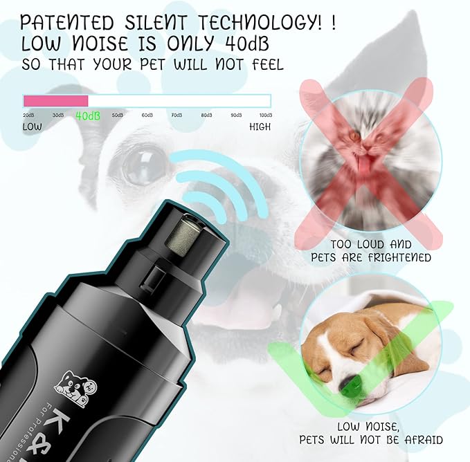 K&K Dog Nail Grinder with 2 LED Light for Large Medium Small Dogs Professional 2-Speed Powerful Electric pet Nail Clipper which Gentle and Painless Paws Grooming & Smoothing Tool (Black)