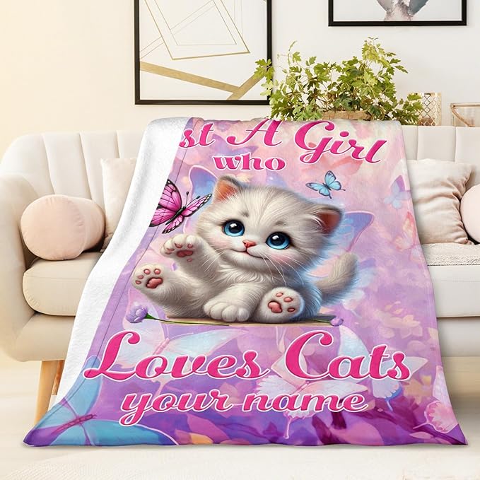 Custom Pink Cat Design Flannel Blanket for Kids Teens Adults, Personalized Throw Gifts for Girls Women, 60x80 Inch Soft Cozy Cute Cat Blanket for Sofa Couch Bed, Daughter Mom Gift Idea for Birthday