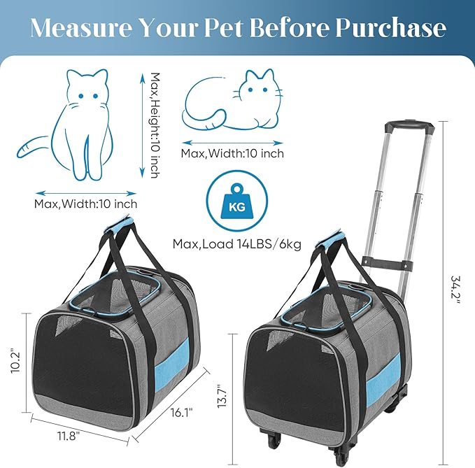 Cat Carrier with Wheels, Foldable, Airline Approved Pet Carrier for Dogs Cats Carrier Under 20 lbs, Soft Rolling Pet Carrier Travel Bag with Tie Rod for Hiking/Camping/Veterinary Visits