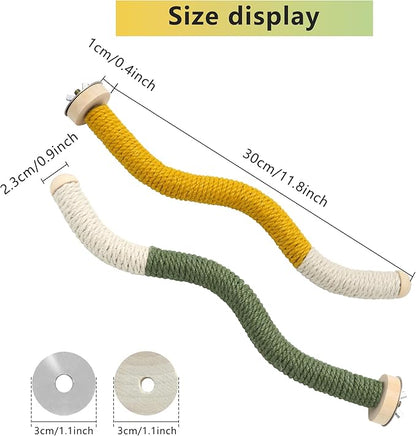 11 x 0.9 inch Bird Perch Parrot Stand Cage Accessories Natural Wooden Stick Paw Grinding Rope-surfaced Chew Toy Standing Rod for Exercise Training Branches (Curved-Yellow+Green)