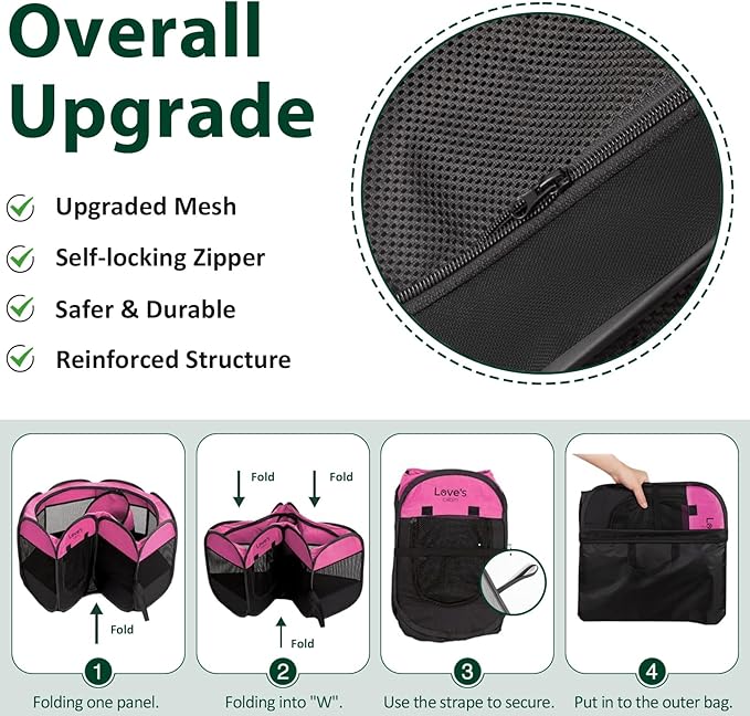 Love's cabin Pet Puppy Dog Playpen, Medium Dog Tent Crates Cage Indoor/Outdoor, Portable Playpen for Dog and Cat, Foldable Pop Up Dog Kennel Playpen with Carring Case, Removable Zipper Top, Pink