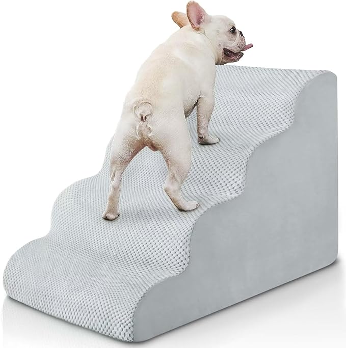 BOMOVA Dog Stairs for Small Dogs, 4-Step Dog Steps for Bed and Couch, High Density Foam Pet Stairs for Small Dogs and Cats, Non-Slip Bottom Dog Ramp, Light Grey, 2/3/4/5 Steps