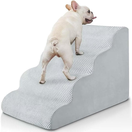 BOMOVA Dog Stairs for Small Dogs, 4-Step Dog Steps for Bed and Couch, High Density Foam Pet Stairs for Small Dogs and Cats, Non-Slip Bottom Dog Ramp, Light Grey, 2/3/4/5 Steps