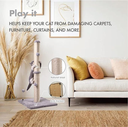 MECOOL 34“ Tall Cat Scratching Post Premium Basics Kitten Scratcher Sisal Scratch Posts Trees with Hanging Ball for Indoor Cats, Gray