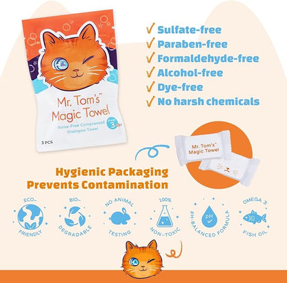 Mr. Tom's Magic Towel - Pet Wipes for Cats - Rinse-Free Compressed Shampoo Towel for Cats and Dogs - Non-Toxic, Re-usable, pH-Balanced, Omega 3 Fish Oil Cat Shampoo - 10 Towel Pieces