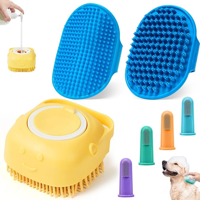4PCS Dog Bath Brush  Soft Silicone Pet Grooming & Shampoo Scrubber for Dogs and Cats, Massage Brush for Bathing & Cleaning (Yellow & Blue)