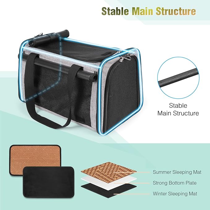 YUDODO 25 lbs Lightproof Pet Carriers Airline Approved Dog Cat Travel Soft Sided Carrier Reflective Mesh Safe Pet Cat Carrier Foldable Portable Small Animal Rabbit Puppy Cat Carrier Grey