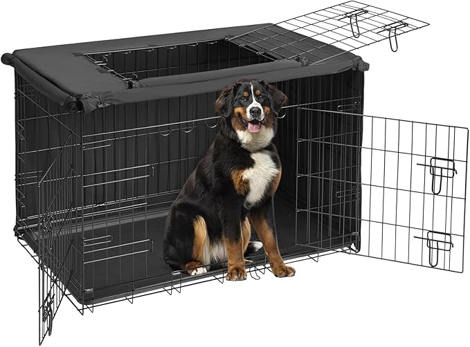 Veehoo 48 inch Dog Crate for Large Dogs with Three Doors & Cover-Metal Wire Dog Cage Kennels & Houses for Puppy&Cat, Indoor Outdoor Collapsible Metal Contour Dog Crate Kennels Kit with Removable Tray