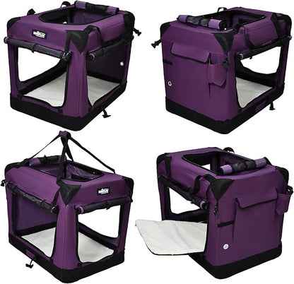 EliteField 4-Door Folding Soft Dog Crate with Curtains, Carrying Bag and Fleece Bed (2 Year Warranty), Indoor & Outdoor Pet Home (42" L x 28" W x 32" H, Purple+4 Door Curtains)