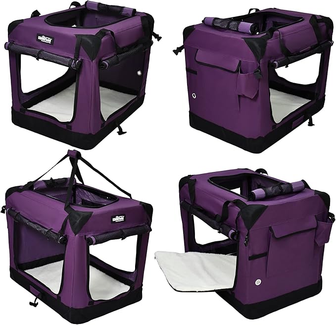 EliteField 4-Door Folding Soft Dog Crate with Curtains, Carrying Bag and Fleece Bed (2 Year Warranty), Indoor & Outdoor Pet Home (20" L x 14" W x 14" H, Purple+4 Door Curtains)