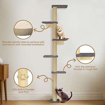 PAWSCRAT Wall-Mounted Cat Tree, 5 Tier Floor to Ceiling Cats Tower, 80 Inch Wall-Mounted Cat Scratching Post, Space Saving Cat Furniture and Easliy Climb for All Cats, Darkgery