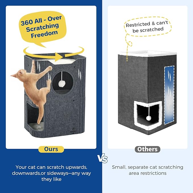 Cat House for Indoor Cats Large Cat Bed Cave 2-Storey Cats Condo with Cozy Felt Covered Hideaway for Multiple Pets Dark Grey