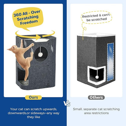 Cat House for Indoor Cats Large Cat Bed Cave 2-Storey Cats Condo with Cozy Felt Covered Hideaway for Multiple Pets Dark Grey