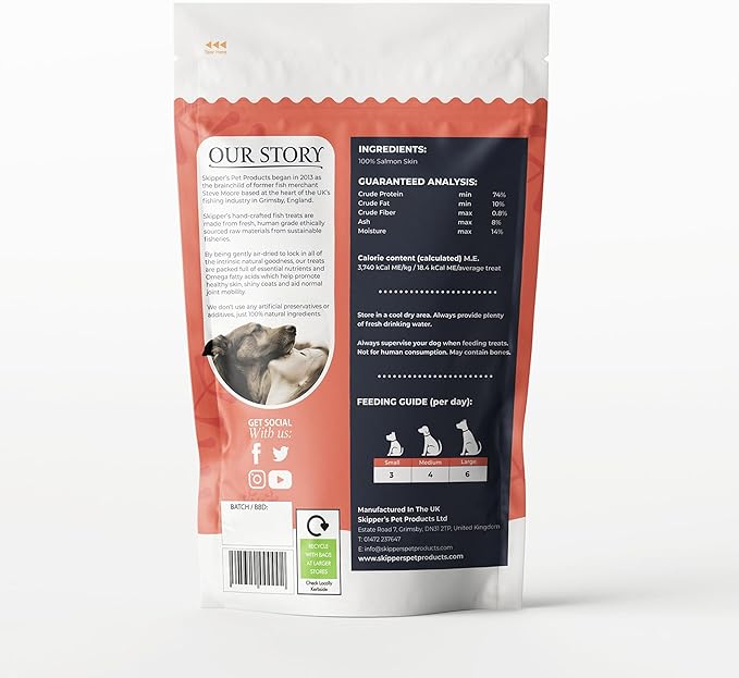 SKIPPER'S Salmon Skin Snacks Dog Treats - Gently Air Dried 100% Salmon Skin Chews Good for Cleaning Teeth, Essential Omega 3 Oils, Hypoallergenic, Wheat & Gluten Free Fish Treats for Dogs | (1.23 Oz)