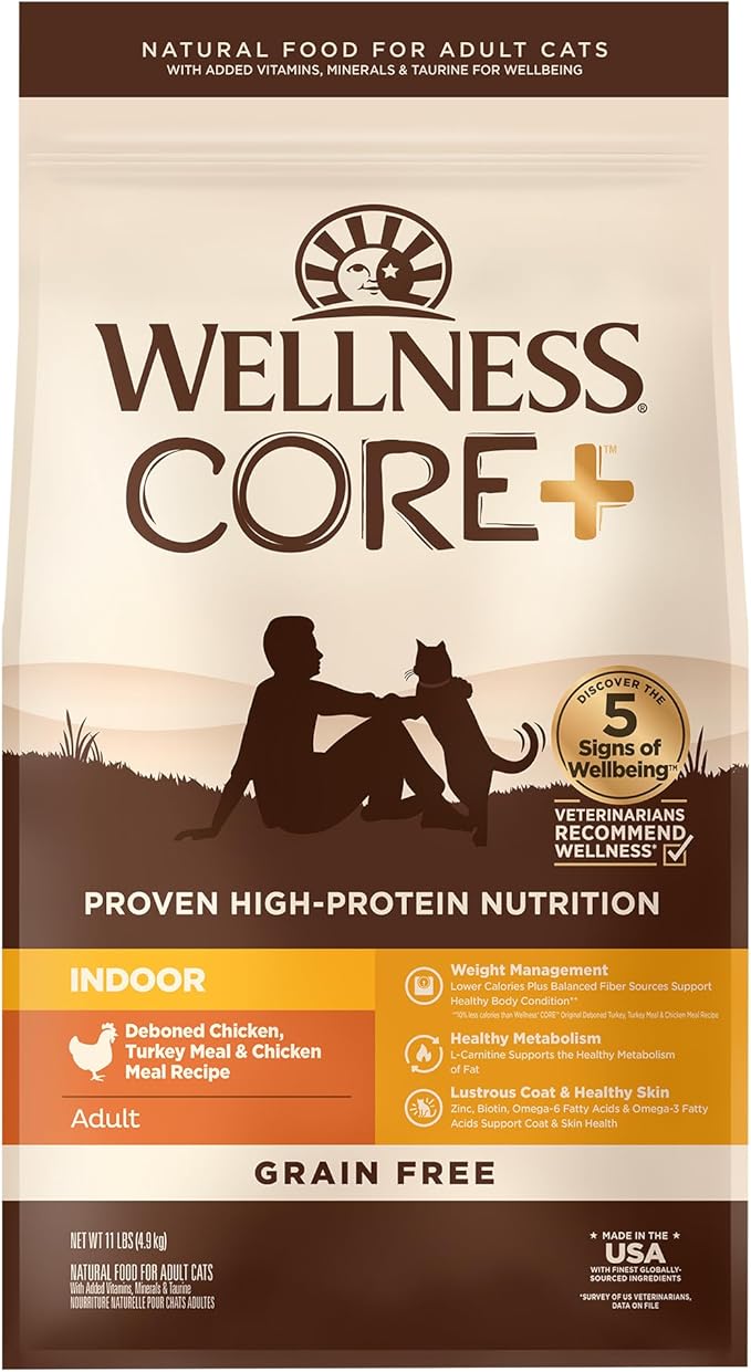 Wellness CORE+ Adult Dry Cat Food for Indoor Cats, Grain Free, Natural, Chicken, Turkey & Chicken Meal (11 Pound Bag)