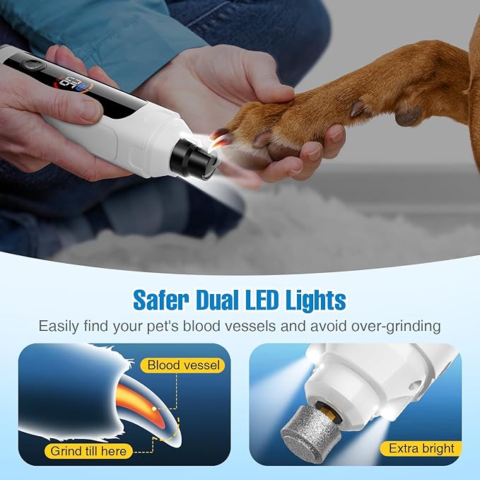 Dog Nail Grinder, 6-Speed Quiet Electric Dog Nail Trimmers, Dog Nail Clippers with File for Small Medium Large Dogs, Cats, Rechargeable Pet Paw Grooming Supplies Kit, 2 Grinding Wheels (White)