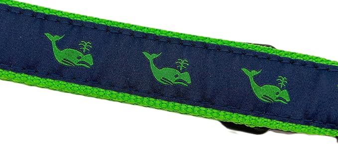 Heavy Duty Adjustable Dog Collar or Dog Leash - Ideal Dog Collars and Leashes Come in Multiple Sizes for All Pets. Preppy Green Whales on Navy (X-Small Collar, 3/4 inch Wide)