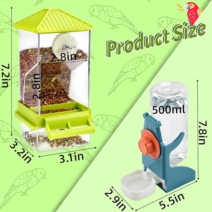 Rypet No Mess Bird Water Feeder Dispenser Set Automatic Bird Feeder for Cage Transparent Food Container for Cage Acrylic Parrot Seed Feeders Accessories for Small Birds Parrot Cockatoo Canary